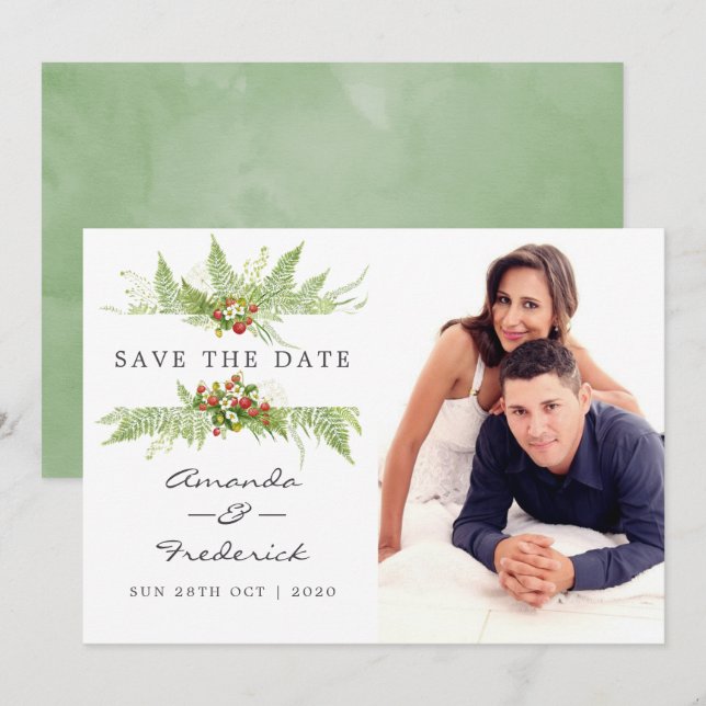 Watercolor Greenery Wedding Save the Date Invitation (Front/Back)