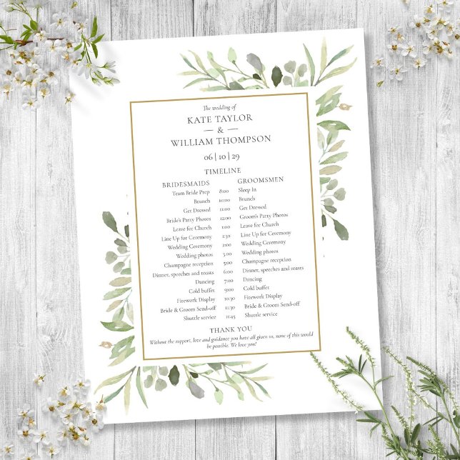 Watercolor Greenery Wedding Schedule Timeline (Watercolor Greenery Wedding Schedule Timeline)