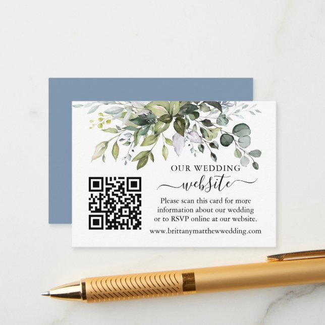 Watercolor Greenery Wedding Website QR Dusty Blue Enclosure Card (Front/Back In Situ)