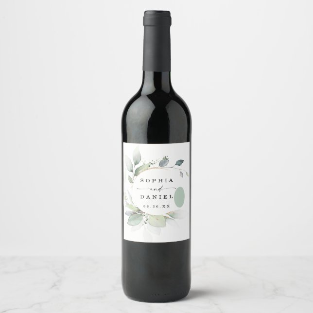 Watercolor Greenery Wedding Wine Favours Wine Labe Wine Label (Front)