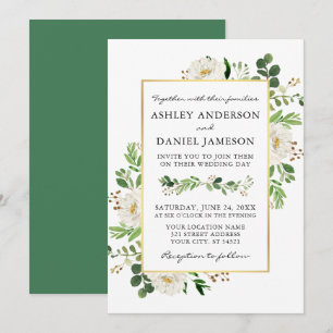Watercolor Greenery White Floral Gold Wedding Invitation