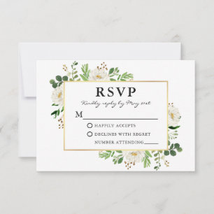 Watercolor Greenery White Floral Gold Wedding RSVP Card