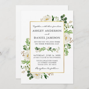Watercolor Greenery White Floral Photo Wedding Invitation
