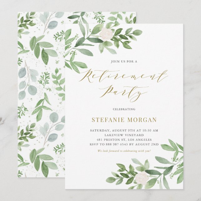 Watercolor Greenery White Floral Retirement Party Invitation (Front/Back)