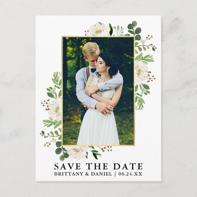Watercolor Greenery White Floral Save The Date Postcard (Front)