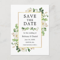 Watercolor Greenery White Floral Save The Date