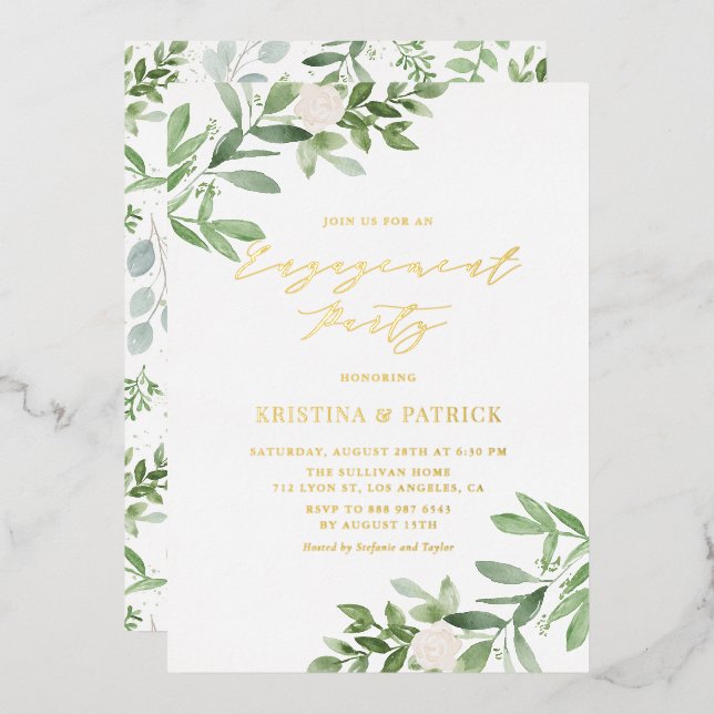 Watercolor Greenery White Flower Engagement Party (Front/Back)