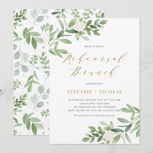 Watercolor Greenery White Flower Rehearsal Brunch Invitation (Front/Back)