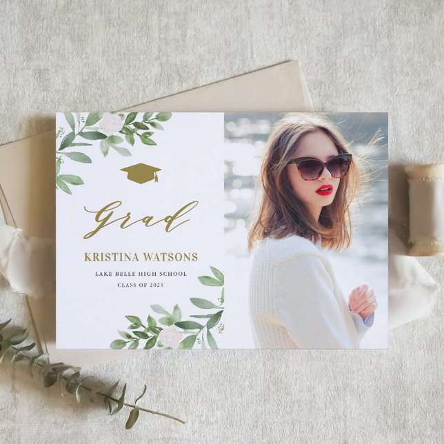 Watercolor Greenery White Flowers Graduation Announcement Postcard (Personalized photo graduation announcement postcard featuring watercolor greenery and white flowers.)