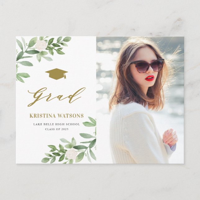 Watercolor Greenery White Flowers Graduation Invitation Postcard (Front)