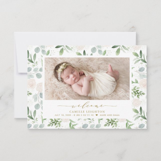 Watercolor Greenery & White Flowers Pattern Birth Announcement (Front)