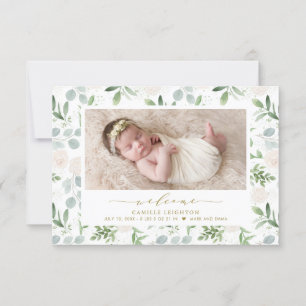 Watercolor Greenery & White Flowers Pattern Birth Announcement