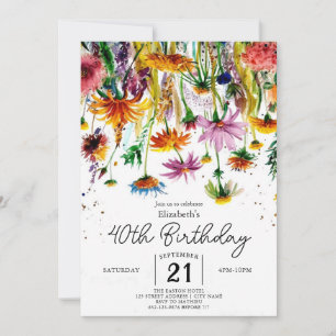 Watercolor Greenery Wildflowers 40th birthday Invitation