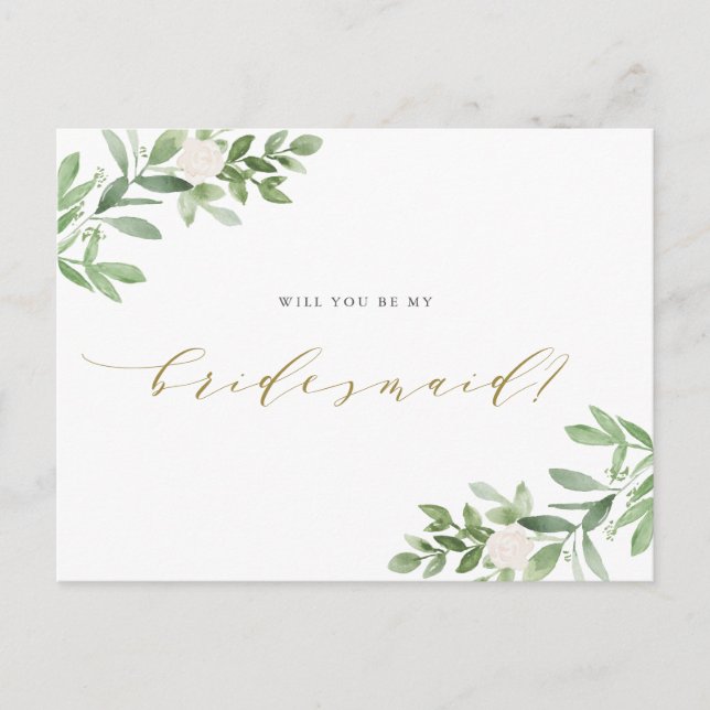 Watercolor Greenery Will You Be My Bridesmaid Announcement Postcard (Front)