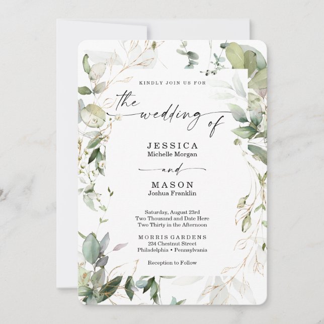 Watercolor Greenery with Gold Wedding Invitation (Front)