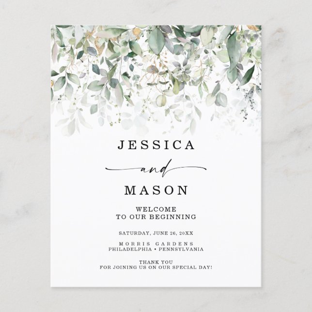 Watercolor Greenery with Gold Wedding Programs Flyer (Front)