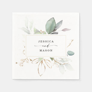 Watercolor Greenery with Sage and Gold Wedding Napkin