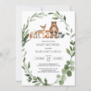 Watercolor Greenery Woodland Animals Baby Shower I Invitation