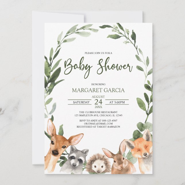 Watercolor Greenery Woodland Animals Baby Shower Invitation (Front)