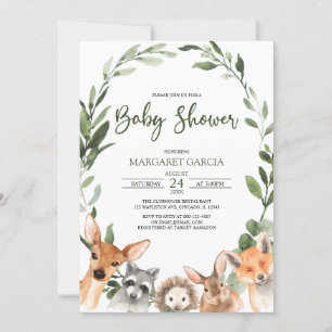Watercolor Greenery Woodland Animals Baby Shower Invitation