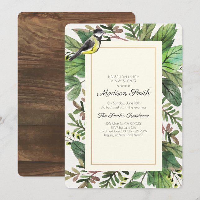 Watercolor Greenery Woodsy Bird Baby Shower Invitation (Front/Back)