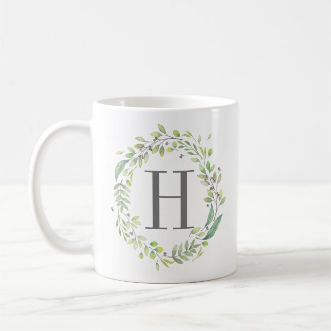 Watercolor Greenery Wreath and Monogram Coffee Mug (Left)