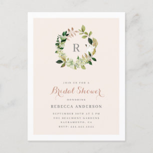 Watercolor Greenery Wreath Blush Bridal Shower Invitation Postcard
