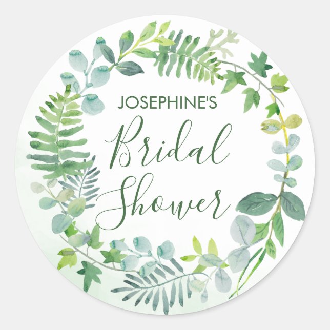 Watercolor Greenery Wreath Bridal Shower Classic Round Sticker (Front)