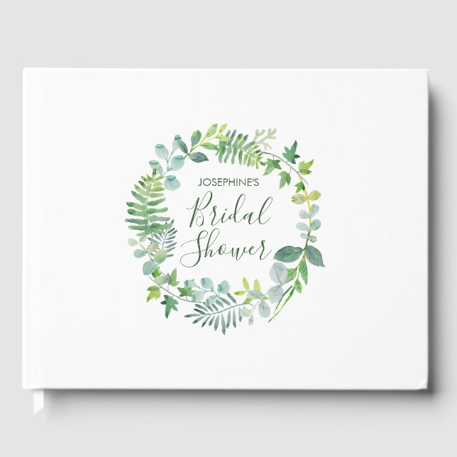 Watercolor Greenery Wreath Bridal Shower Guest Book (Front)