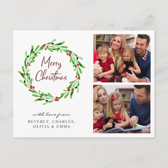 Watercolor Greenery Wreath Christmas Photo Holiday Postcard (Front)