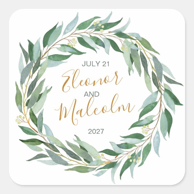 Watercolor greenery wreath, eucalyptus Wedding Square Sticker (Front)