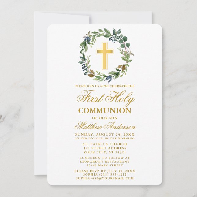 Watercolor Greenery Wreath First Communion Gold Invitation (Front)