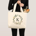 Watercolor Greenery Wreath Monogram Bridesmaid Large Tote Bag<br><div class="desc">Rustic watercolor botanical greenery wreath tote bag for personalised bridesmaid or maid of honour gift.</div>