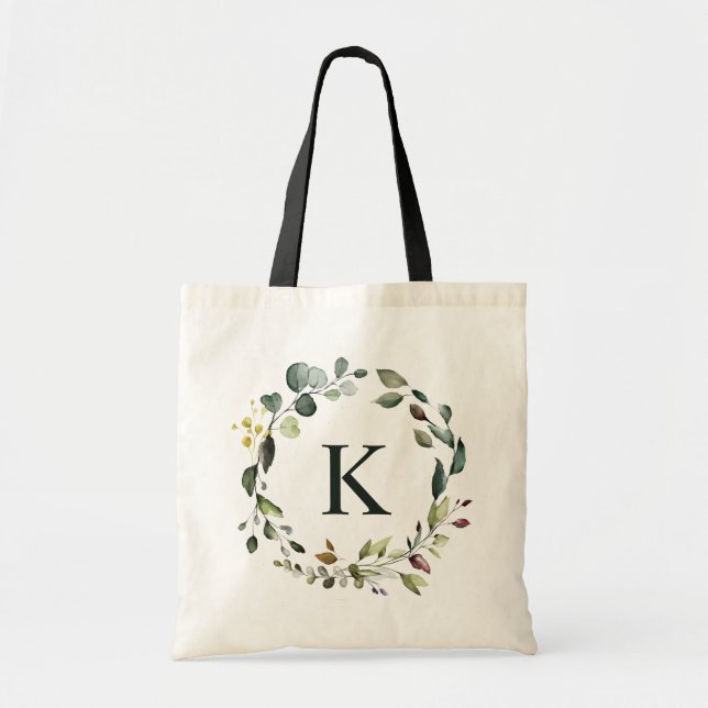 Watercolor Greenery Wreath Monogram Bridesmaid Tote Bag (Front)