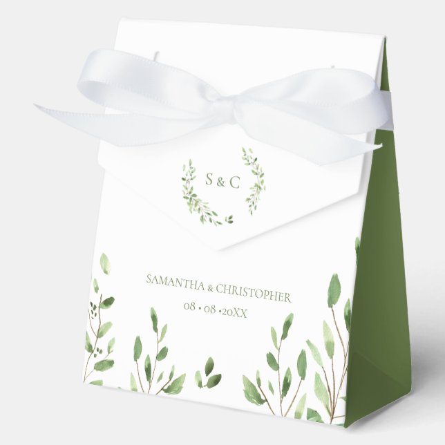 Watercolor Greenery Wreath monogram wedding green Favour Box (Front)