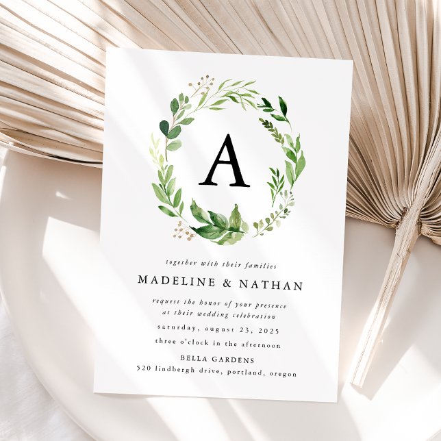 Watercolor Greenery Wreath Monogram Wedding Invitation (Creator Uploaded)