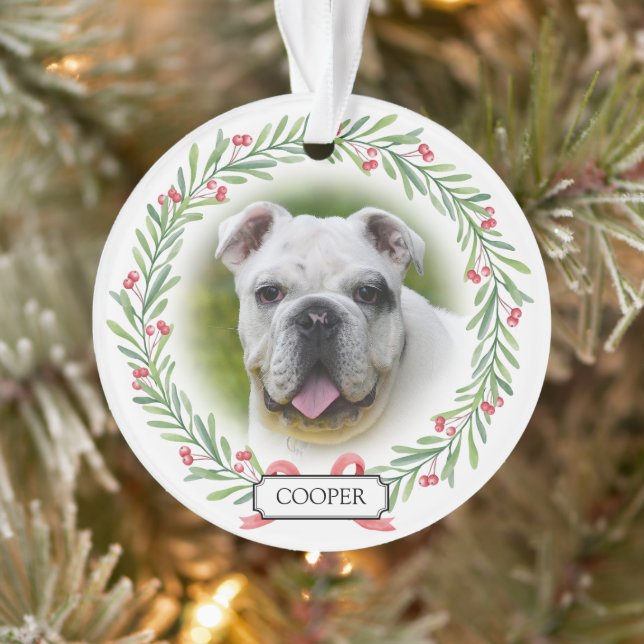 Watercolor Greenery Wreath Personalised Pet Photo Ornament (Tree)