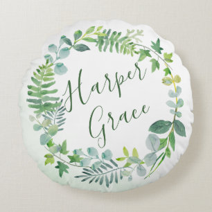 Watercolor Greenery Wreath Personalised Round Cushion