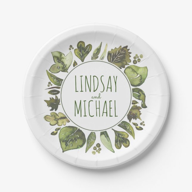 Watercolor Greenery Wreath Rustic Woodland Wedding Paper Plate (Front)