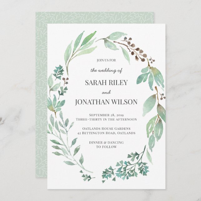 Watercolor Greenery wreath Wedding invitation (Front/Back)