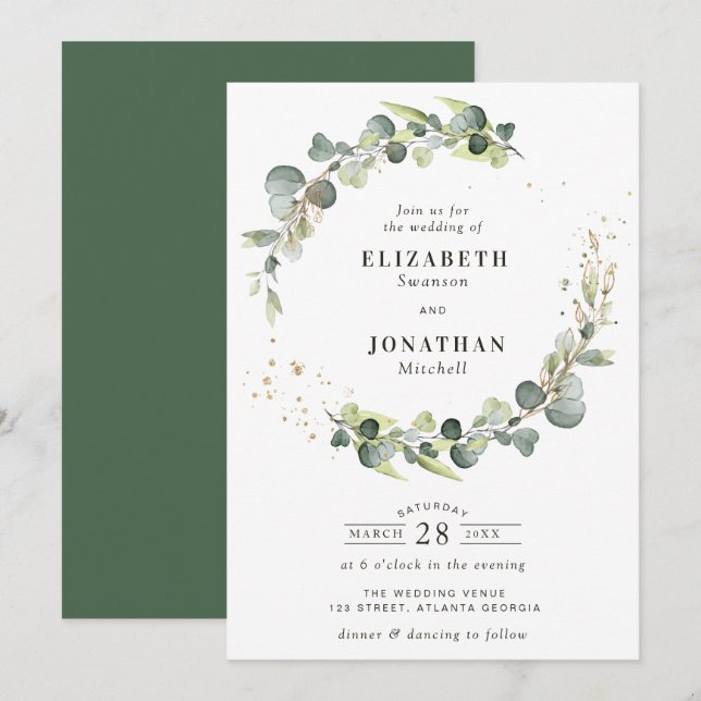 Watercolor greenery wreath wedding invitation (Front/Back)