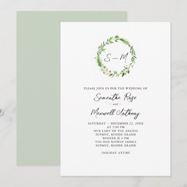 Watercolor Greenery Wreath Wedding Invitation (Front/Back)