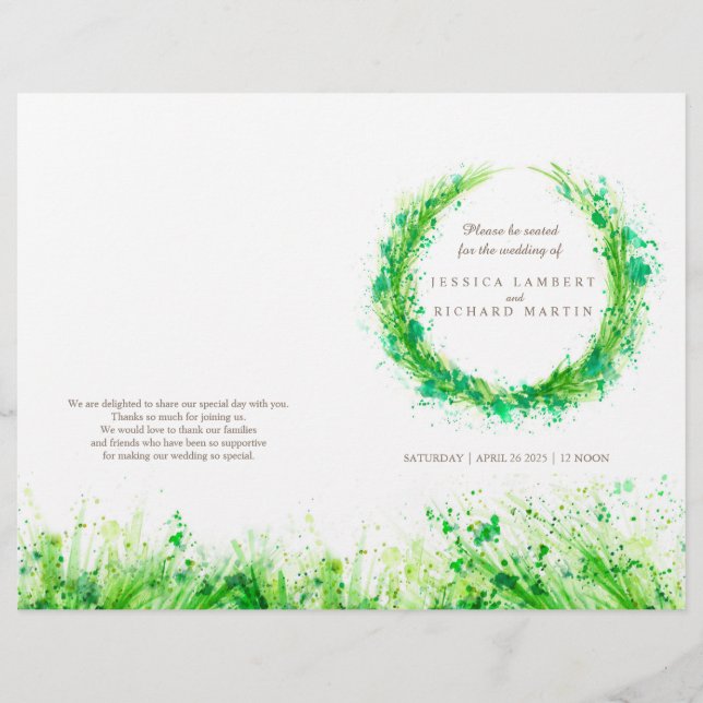 Watercolor greenery wreath wedding programme (Front)