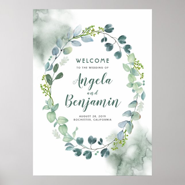 Watercolor Greenery Wreath Wedding Welcome Sign (Front)