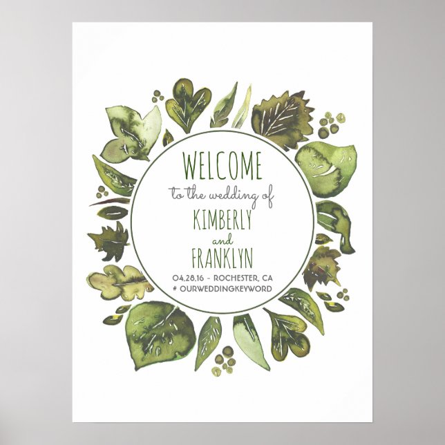 Watercolor Greenery Wreath Wedding Welcome Sign (Front)