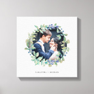 Watercolor Greenery Wreath with Blue   Photo Canvas Print