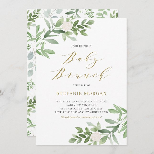 Watercolor Greeney and White Flowers Baby Brunch Invitation (Front/Back)