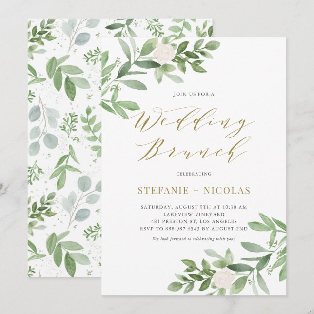 Watercolor Greeney and White Flowers Weddng Brunch Invitation (Front/Back)