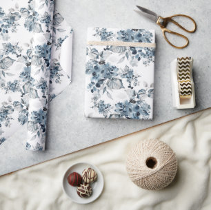 Watercolor Grey and Blue Floral Pattern Holiday Wrapping Paper
