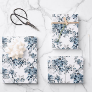 Watercolor Grey and Blue Floral Pattern Holiday Wrapping Paper Sheet